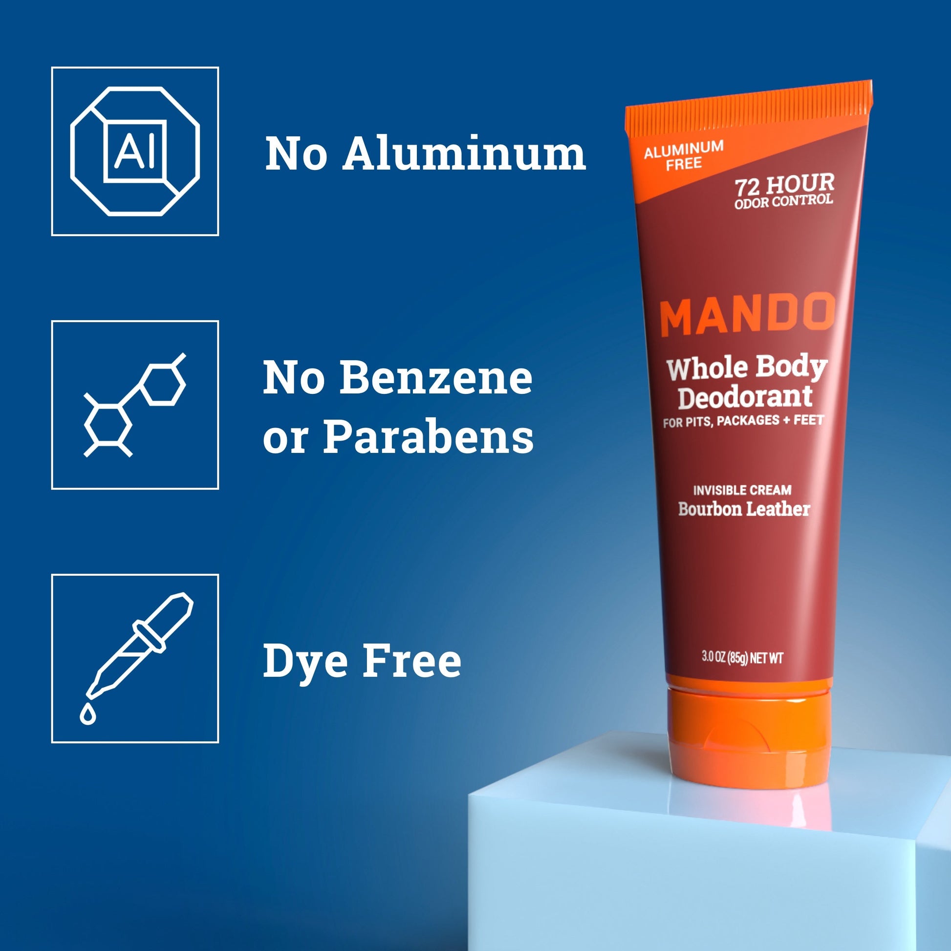 Mando Invisible cream deodorant in bourbon leather scent with text: No Aluminum, No Benzene or Parabens, Bye Free