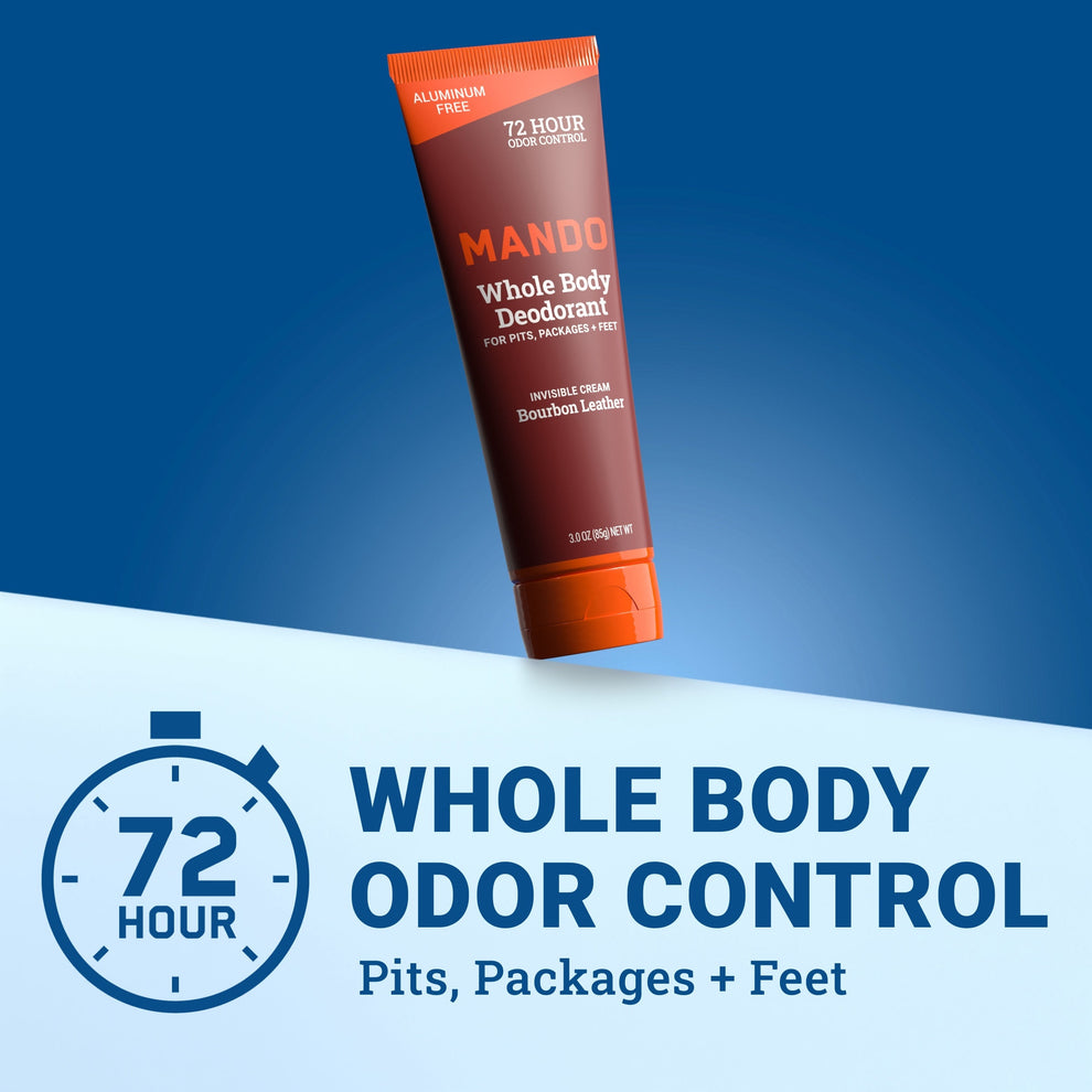 Mando Invisible cream deodorant in bourbon leather scent with text: 72 hour whole body odor control, pits, packages + feet
