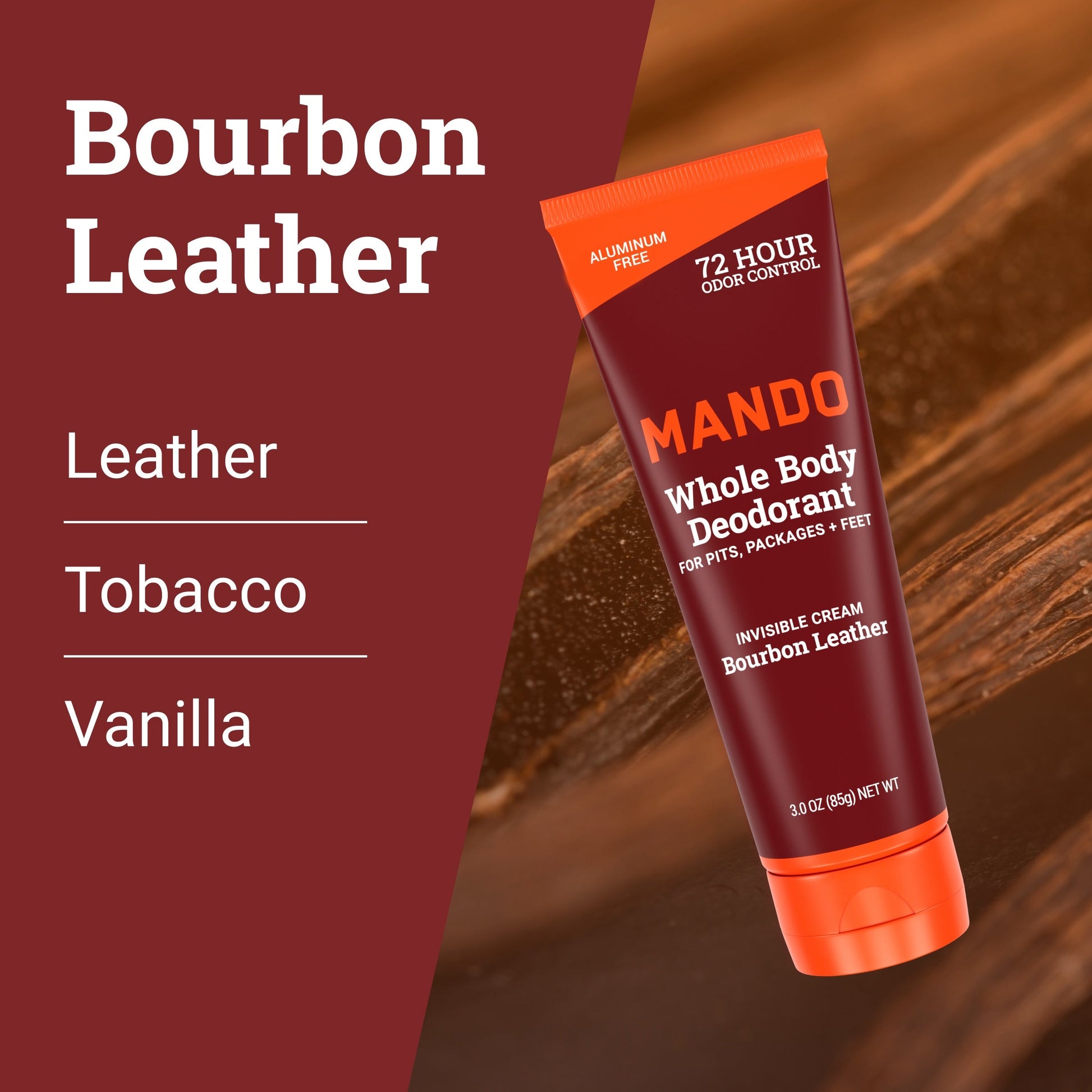 Mando cream deodorant stick in bourbon leather with text: leather, tobacco, vanilla