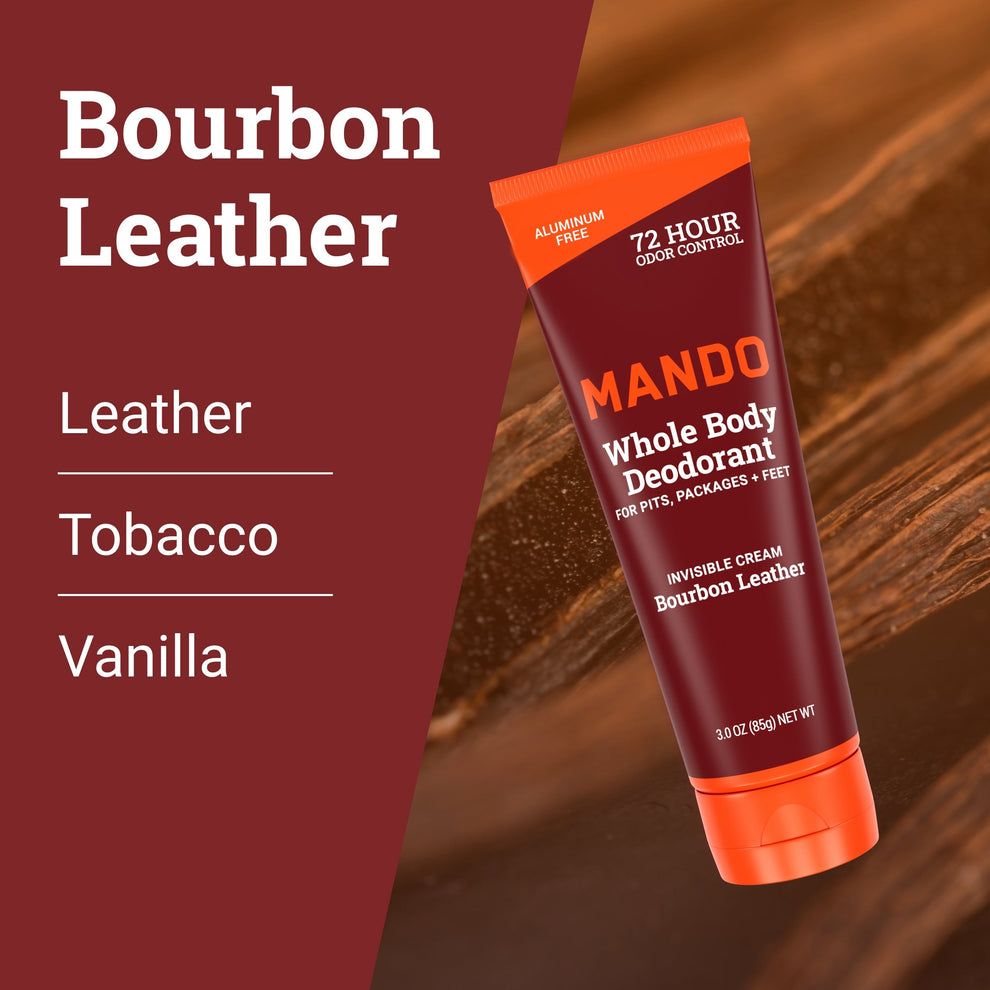 Mando cream deodorant stick in bourbon leather with text: leather, tobacco, vanilla