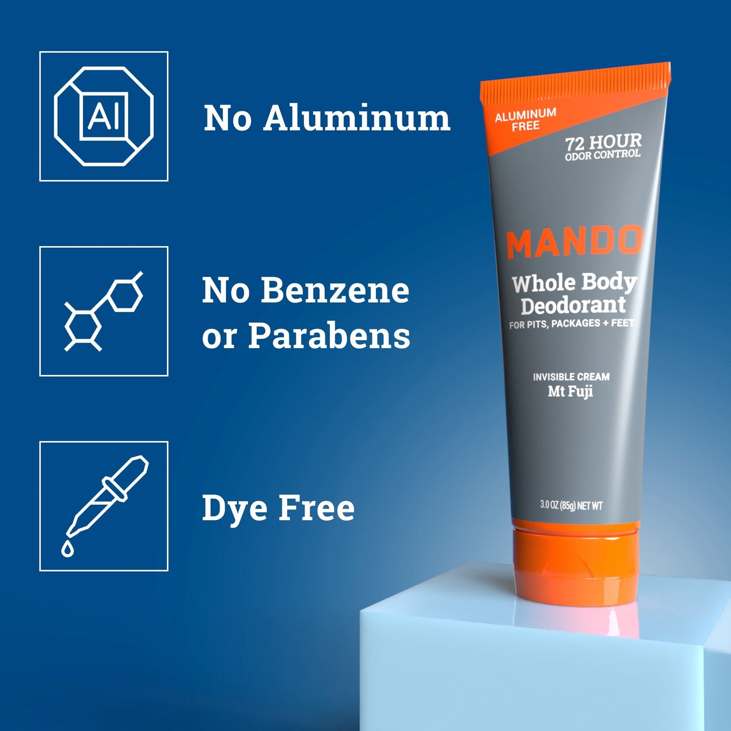 Mando Invisible cream deodorant in mt fuji scent with text: No Aluminum, No Benzene or Parabens, Bye Free