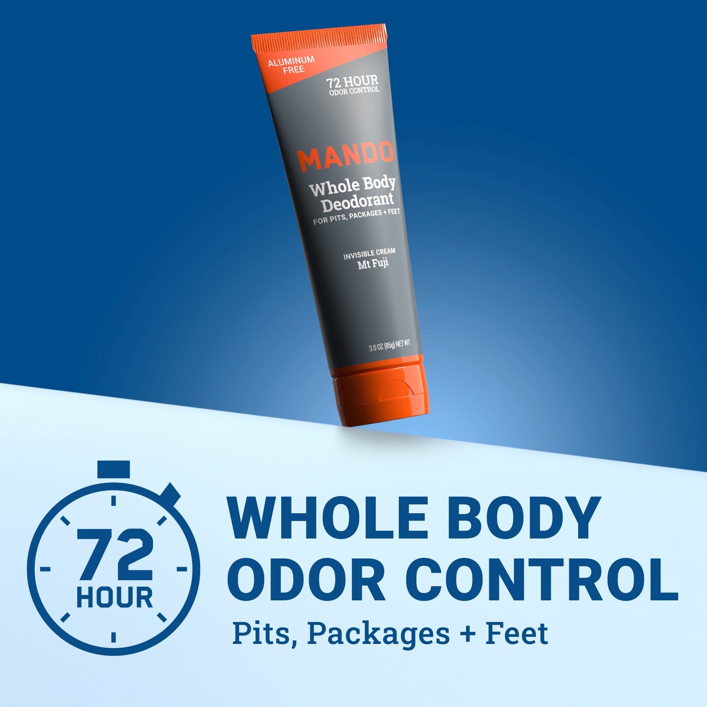 Mando Invisible cream deodorant in mt fuji scent with text: 72 hour whole body odor control, pits, packages + feet 