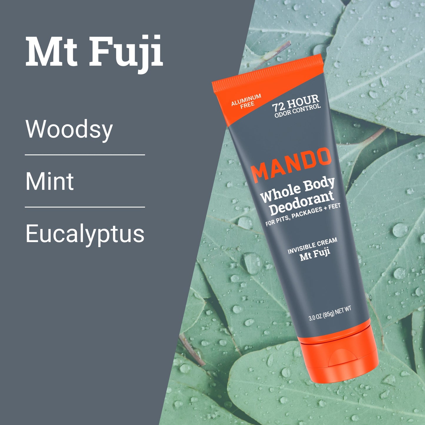 Mando Invisible cream deodorant in mt fuji scent with text: Woodsy, mint, eucalyptus