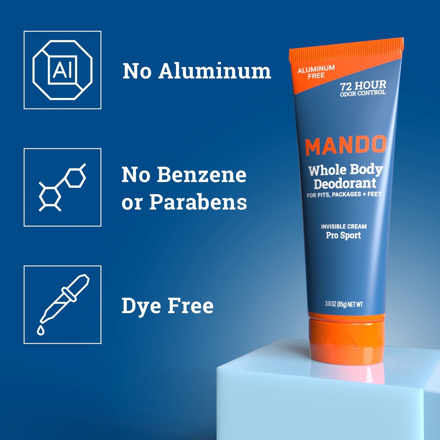 Mando Invisible cream deodorant in pro sport scent with text: No Aluminum, No Benzene or Parabens, Bye Free