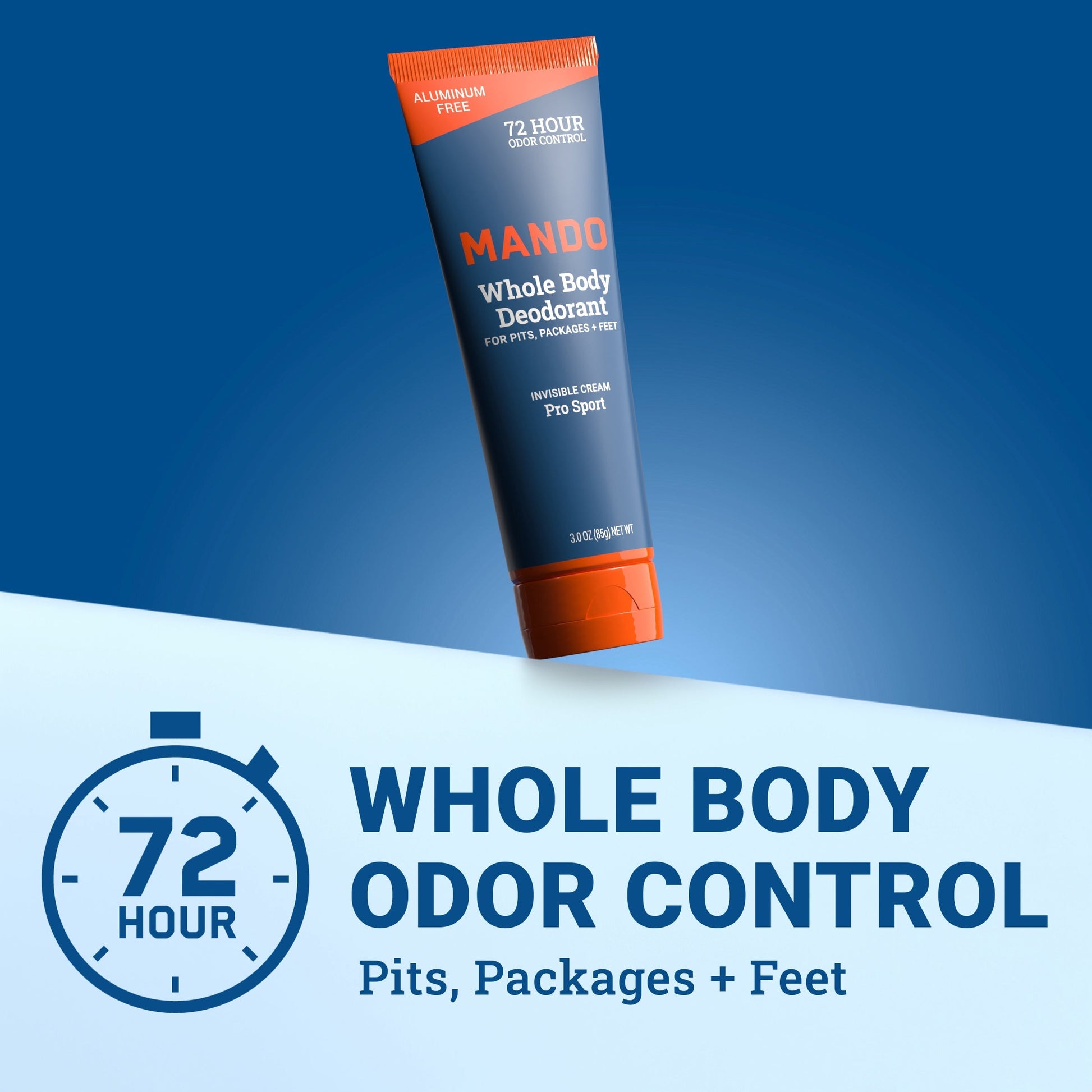 Mando invisible cream deodorant in Pro Sport scent with text: 72 hour whole body odor control, pits, packages + feet