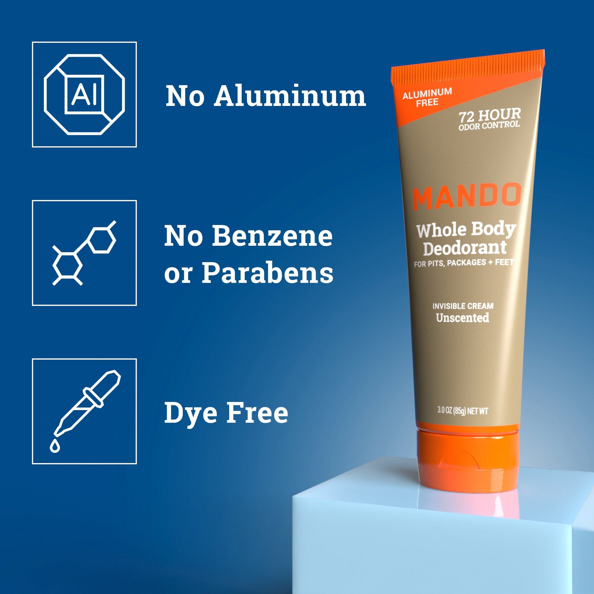 Mando Invisible cream deodorant in unscented with text: No Aluminum, No Benzene or Parabens, Bye Free