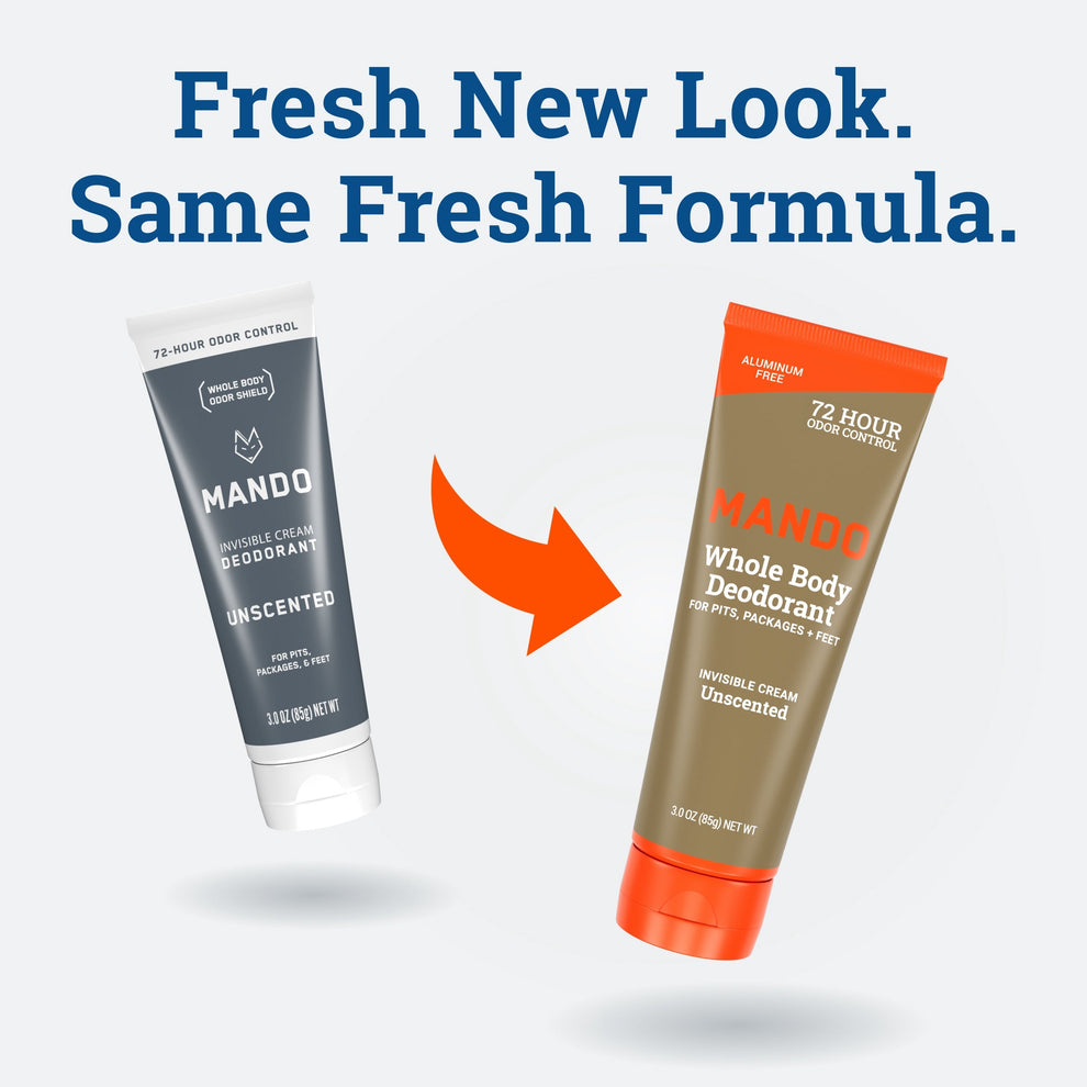 transition image of unscented cream deodorant from old to new packaging with text: Fresh New Look. Same Fresh formula.