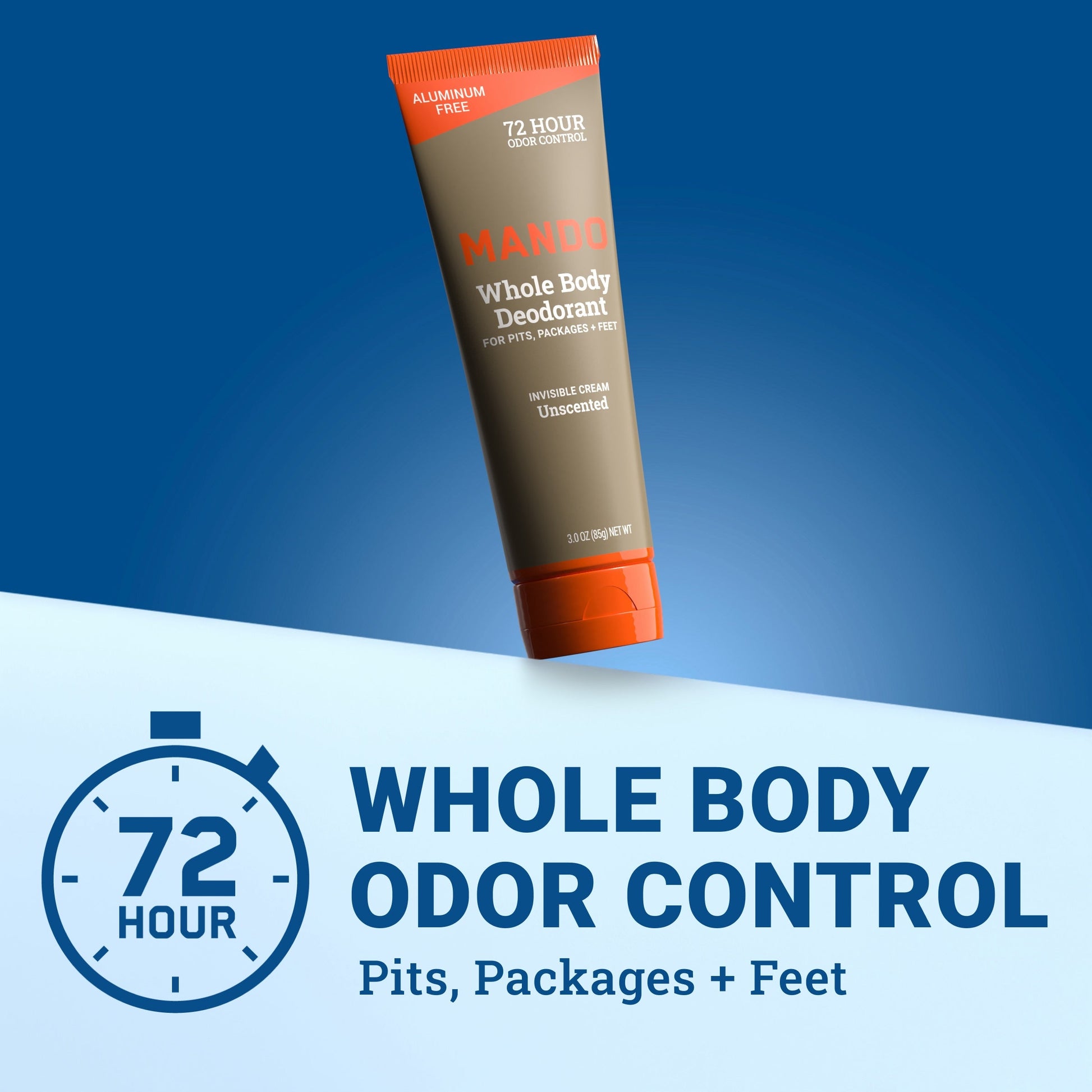 Mando Invisible cream deodorant in unscented scent with text: 72 hour whole body odor control, pits, package + feet 