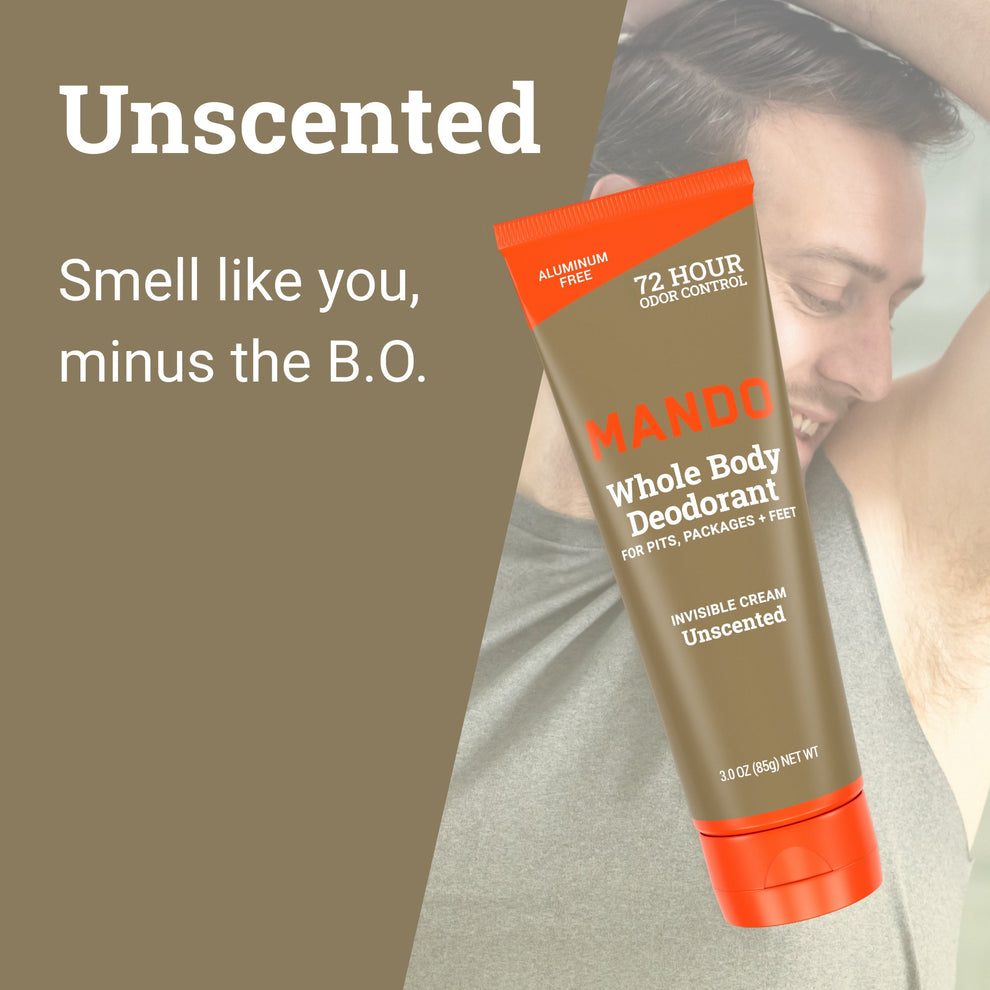 Mando Invisible cream deodorant in unscented scent with text: smells like you minus the B.O