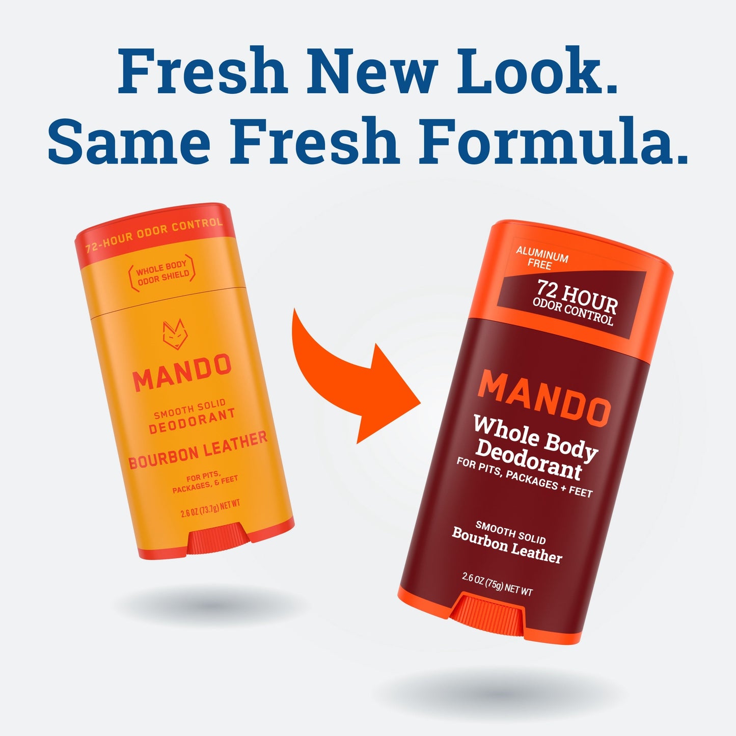 transition image of bourbon leather solid stick from old to new packaging with text: Fresh New Look. Same Fresh formula. 