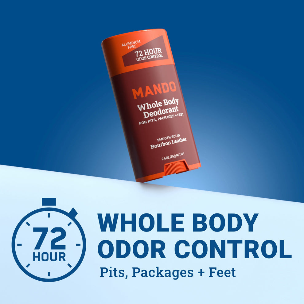 orange and maroon stick of Mando smooth solid deodorant in bourbon leather scent with text: 72 hour whole body odor control, pits, packages + feet
