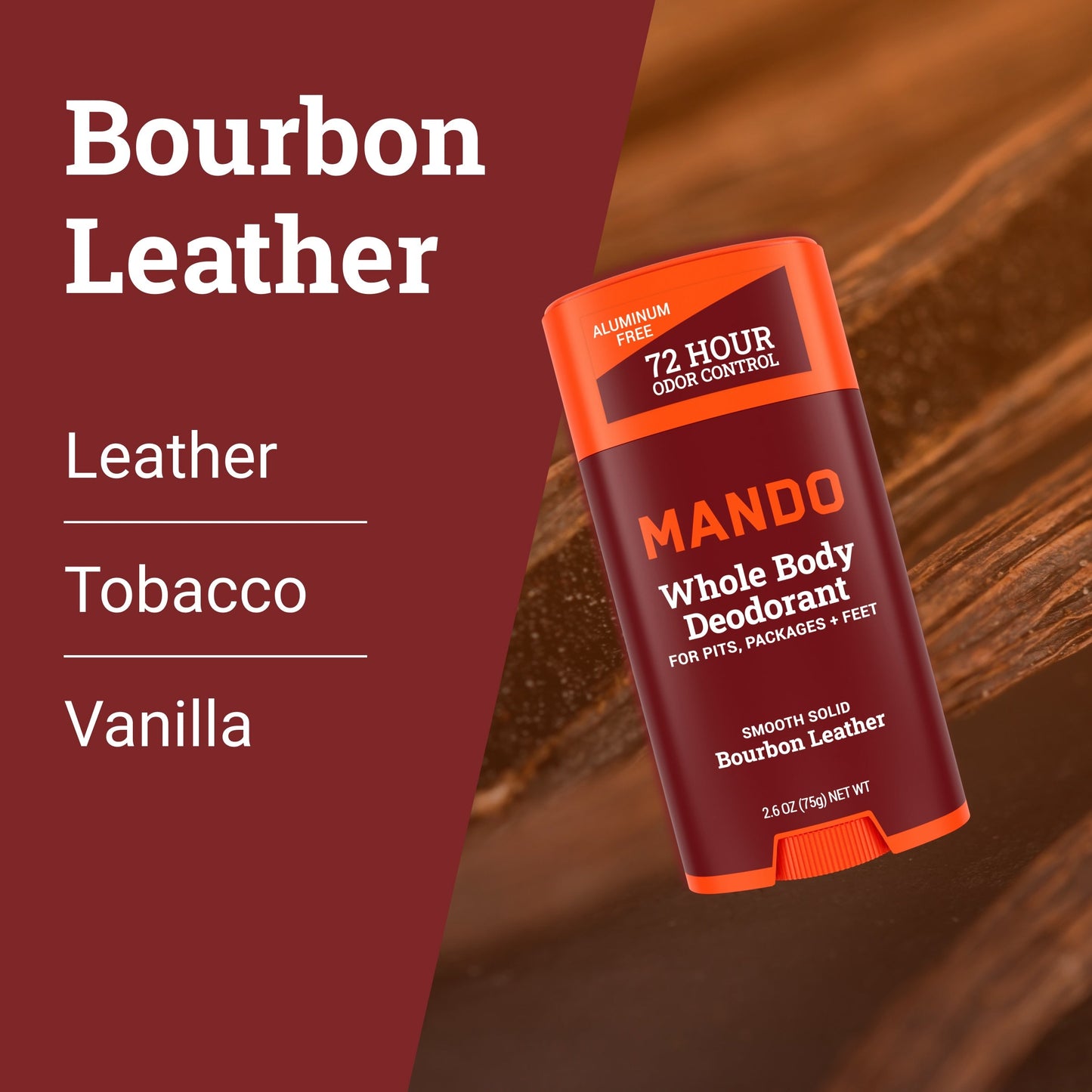 Mando smooth solid deodorant stick in bourbon leather with text: leather, tobacco, vanilla 