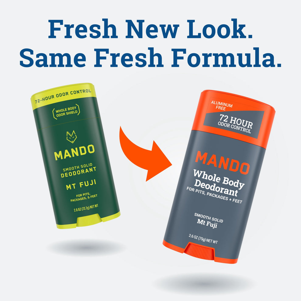 transition image of mt fuji solid stick from old to new packaging with text: Fresh New Look. Same Fresh formula. 