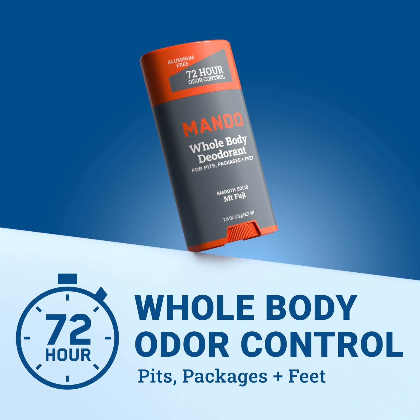 orange and grey stick of Mando mt fuji deodorant with text: 72 hour whole body odor control, pits, packages + feet