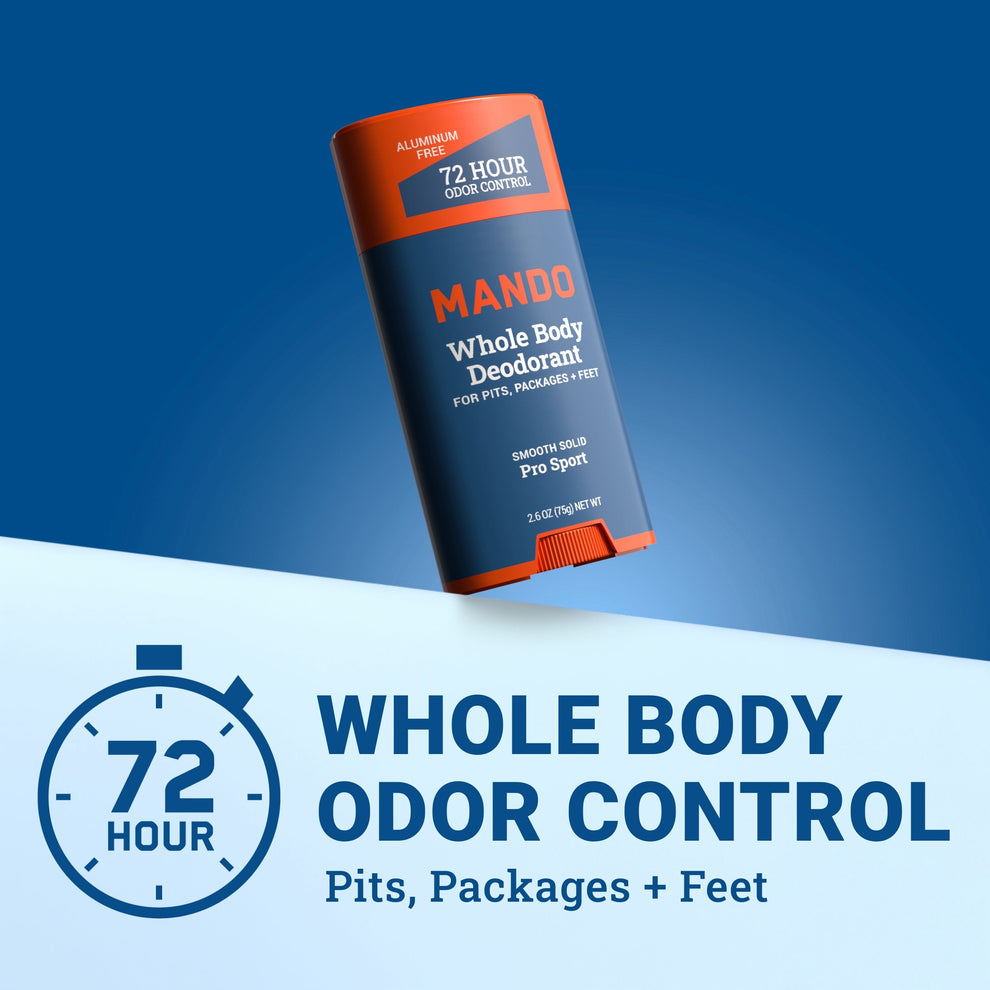 orange and blue stick of Mando smooth solid deodorant in pro sport scent with text: 72 hour whole body odor control, pits, packages + feet
