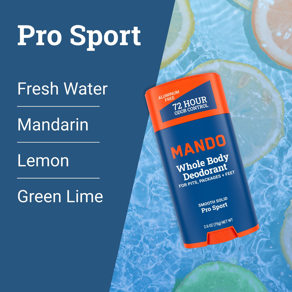 Mando smooth solid deodorant in Pro sport scent with text: fresh water, mandarin, lemon, green lime