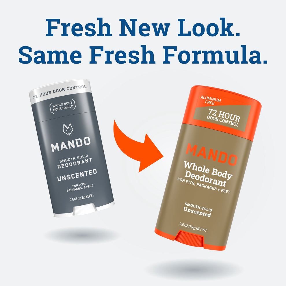 transition image of unscented solid stick from old to new packaging with text: Fresh New Look. Same Fresh formula. 